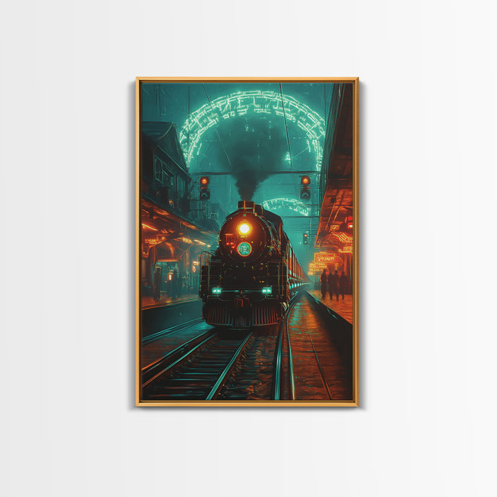 Steampunk Train Station Framed Canvas Print, Futuristic Wall Art, Sci Fi Decor, Industrial Travel Poster For Office Decor