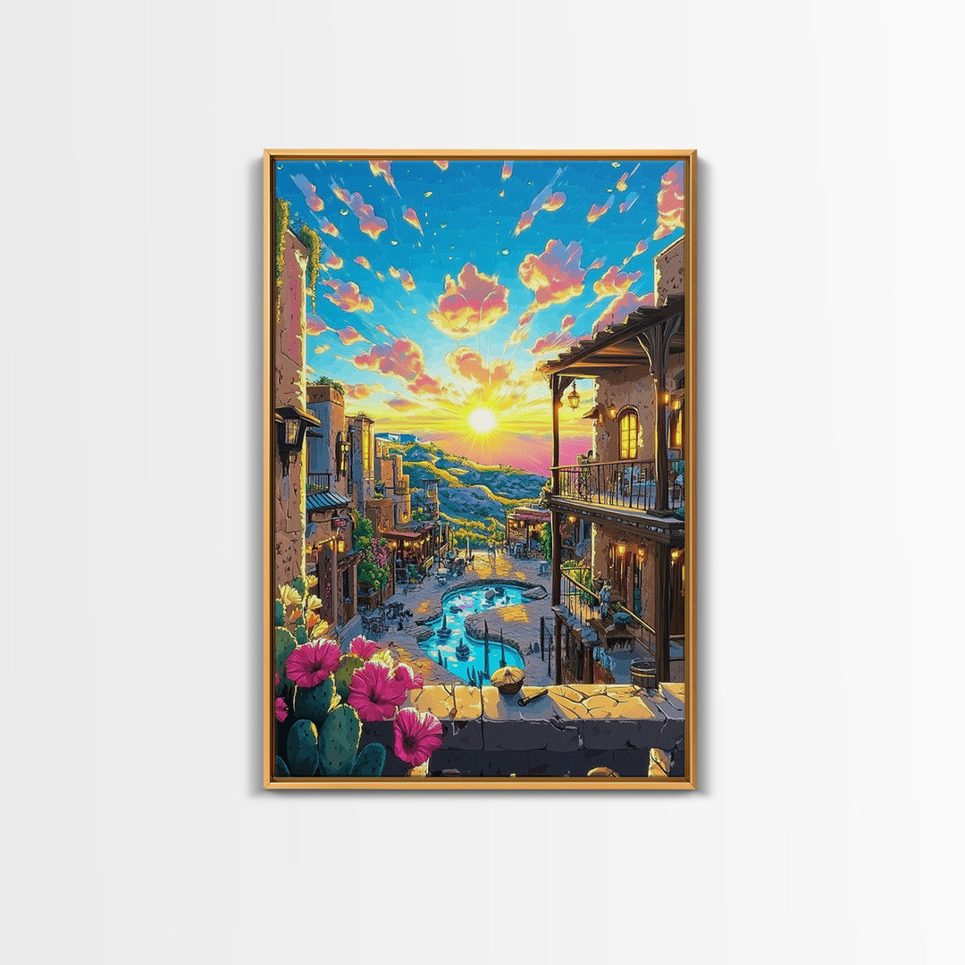 Mediterranean Sunset Village Wall Art, Vibrant Coastal Canvas Print, Travel Poster, Warm Home Decor For Living Room And Bedroom Decor