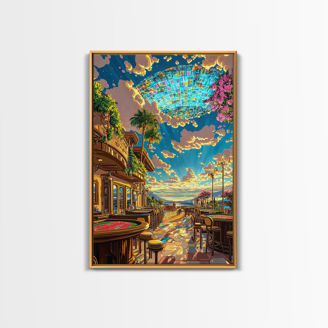 Coastal Casino Terrace UFO Canvas Print, Futuristic Travel Poster, Vibrant Coastal Wall Art, Maximalist Home Decor For Living Room