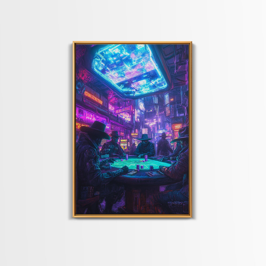 Cyberpunk Western Poker Game Wall Art, Neon Cowboy Canvas Print, Sci Fi Saloon Decor, Futuristic Man Cave Poster For Gaming Room Decor