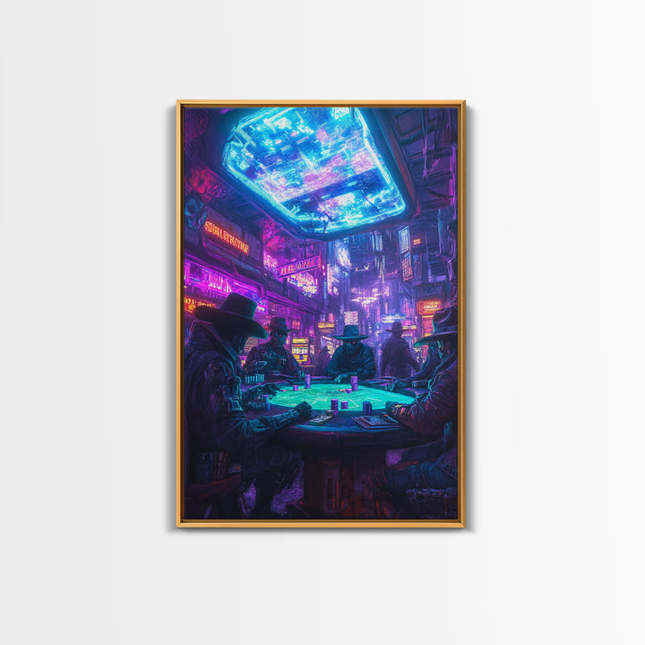 Cyberpunk Western Poker Game Wall Art, Neon Cowboy Canvas Print, Sci Fi Saloon Decor, Futuristic Man Cave Poster For Gaming Room Decor