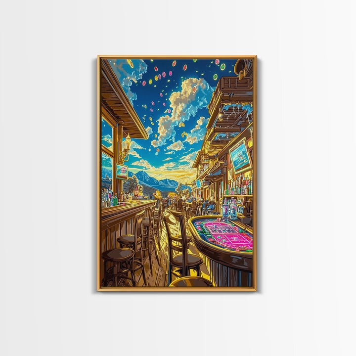 Sunlit Mountain Casino Bar Canvas Print, Colorful Western Wall Art, Game Room Decor, Man Cave Poster, Housewarming Gift Idea