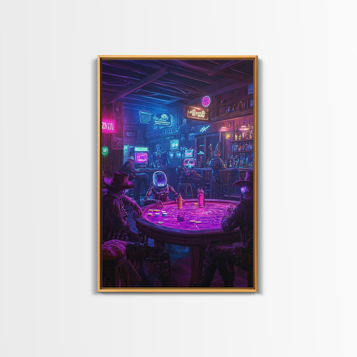 Neon Cyberpunk Poker Saloon Wall Art, Futuristic Western Canvas Print, Man Cave Decor, Game Room Art, Sci Fi Gift For Him