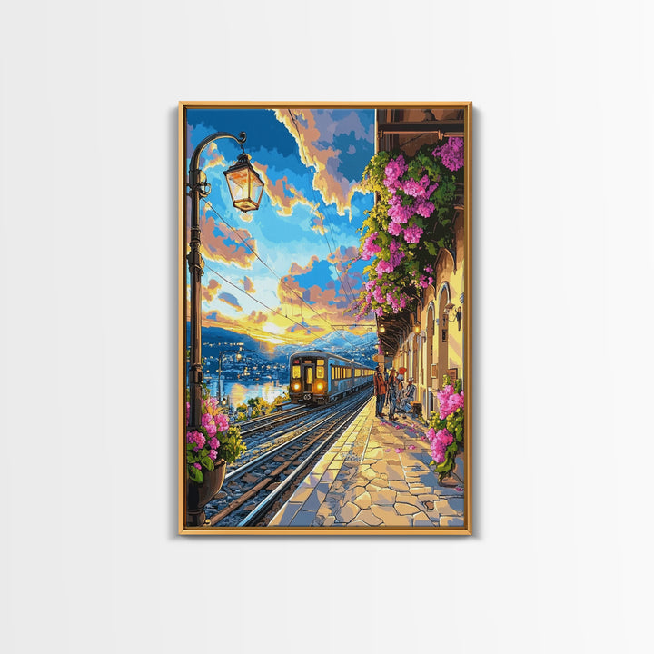 Coastal Sunset Train By Flowered Balcony Canvas Print, Mediterranean Wall Art, Travel Poster, Living Room Decor, Gift For Her