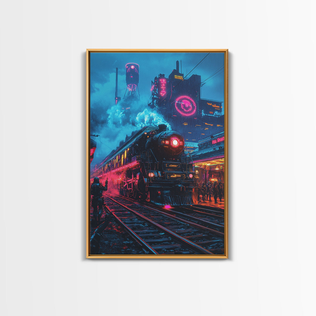 Neon Dystopian Steam Train Canvas Print, Cyberpunk City Wall Art, Futuristic Decor, Sci Fi Poster, Gaming Room Gift For Him