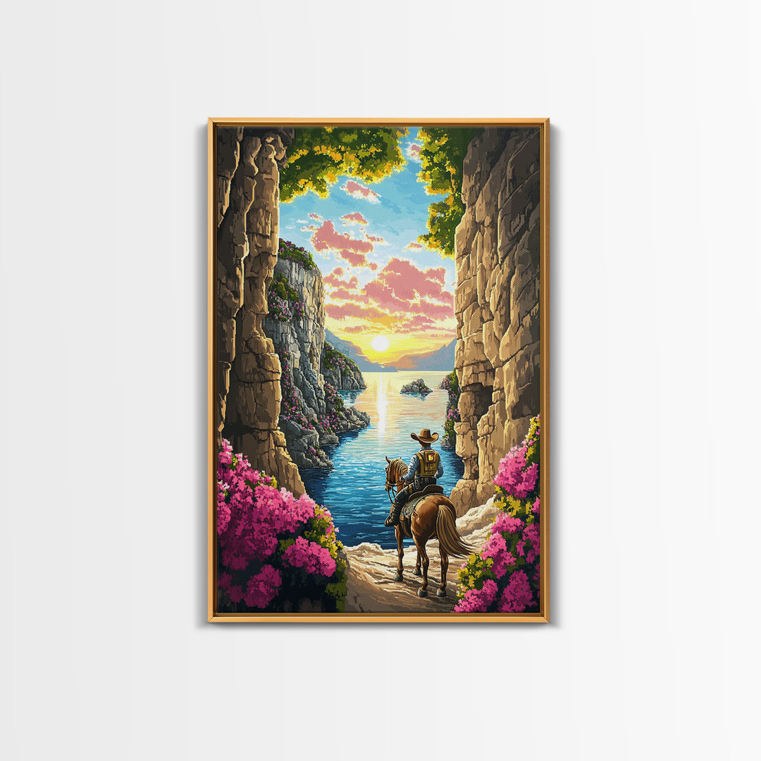 Cowboy Horseback Coastal Canyon Sunset Wall Art, Western Landscape Canvas, Adventure Decor, Ocean Cliff Art Print, Living Room Decor