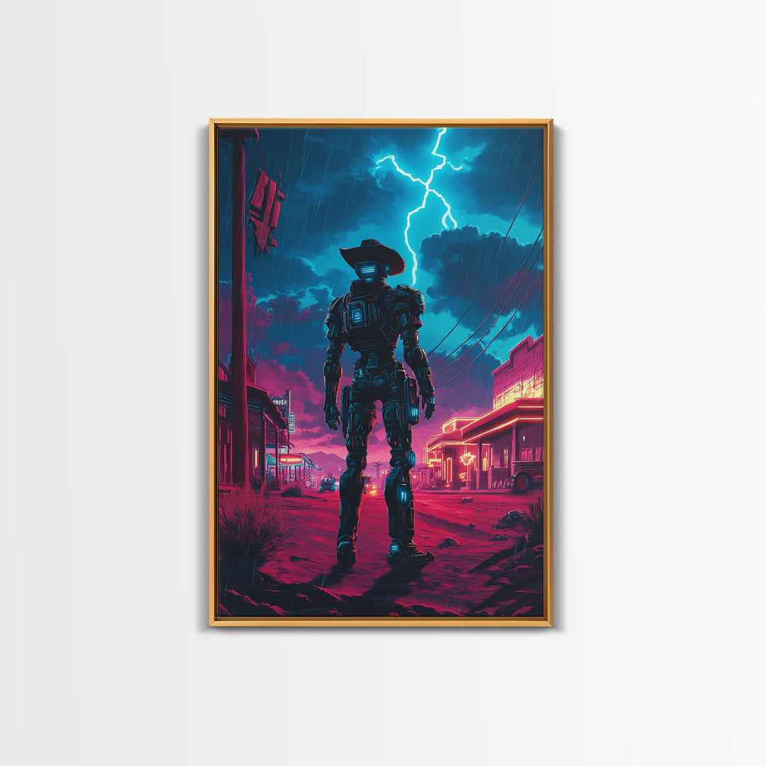 Robot Cowboy In Neon Storm Western Town Wall Art, Cyberpunk Sci Fi Poster, Futuristic Gaming Room Decor, Man Cave Gift For Him