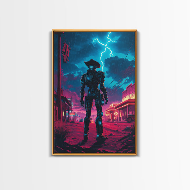 Robot Cowboy In Neon Storm Western Town Wall Art, Cyberpunk Sci Fi Poster, Futuristic Gaming Room Decor, Man Cave Gift For Him
