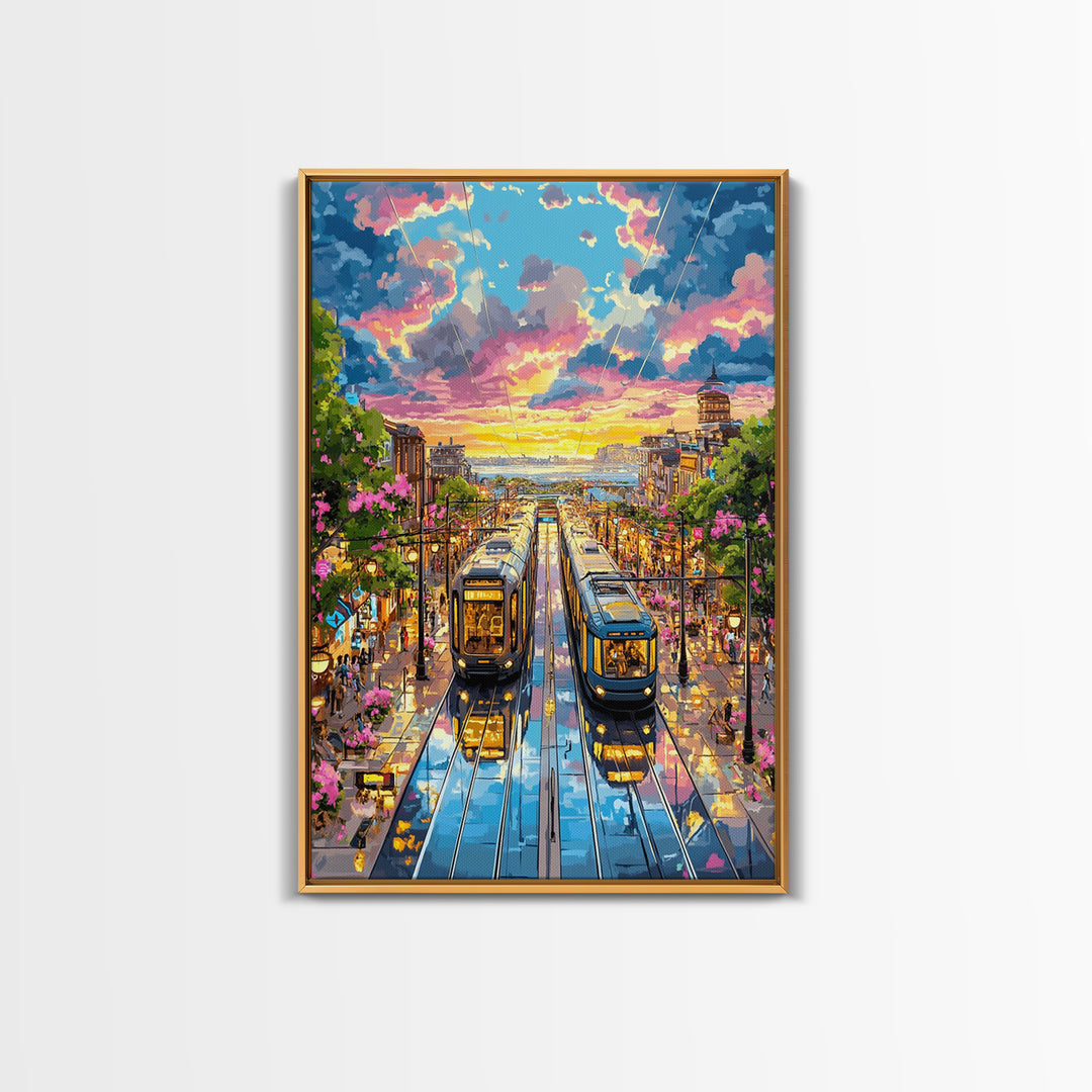 Colorful Tram Street At Sunset Canvas Print, Urban Landscape Wall Art, City Travel Poster, Eclectic Living Room Home Decor