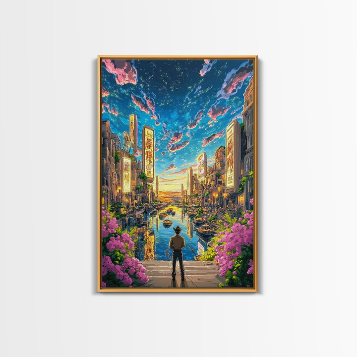 Cowboy Overlooking Neon Canal City At Dusk Wall Art, Futuristic Western Travel Poster, Colorful Urban Home Decor, Living Room Art