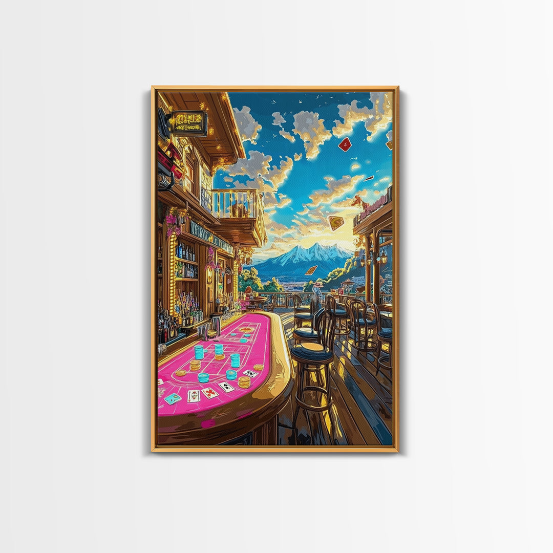 Mountain Casino Bar With Poker Table Canvas Print, Game Room Wall Art, Speakeasy Decor, Home Bar Decor, Man Cave Gift For Him