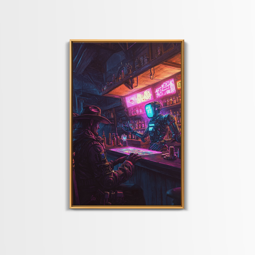 Neon Robot Bartender And Cyber Cowboy Saloon Wall Art, Futuristic Western Canvas Print, Sci Fi Bar Decor, Man Cave Gift Idea