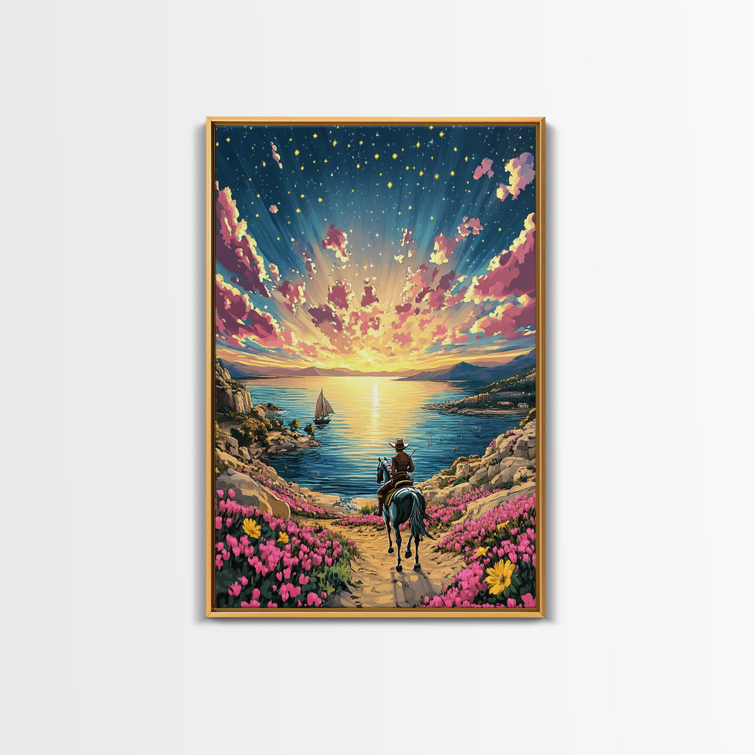 Sunset Cowboy Horse By Flowered Sea Cove Wall Art, Western Coastal Landscape Canvas Print, Beach House Living Room Decor Gift