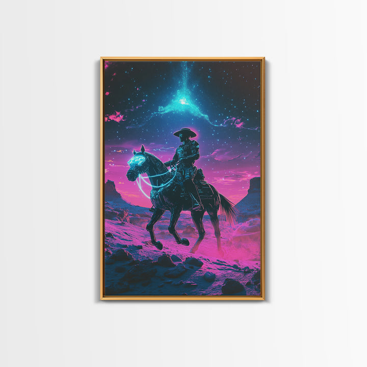 Neon Cosmic Cowboy On Glowing Horse Wall Art, Futuristic Western Desert Canvas Print, Sci Fi Space Decor For Gamers Gift