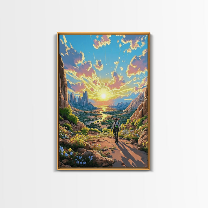 Lone Cowboy Walking Through Blooming Canyon Wall Art, Western Desert Landscape Canvas Print, Southwest Home Decor Gift For Him