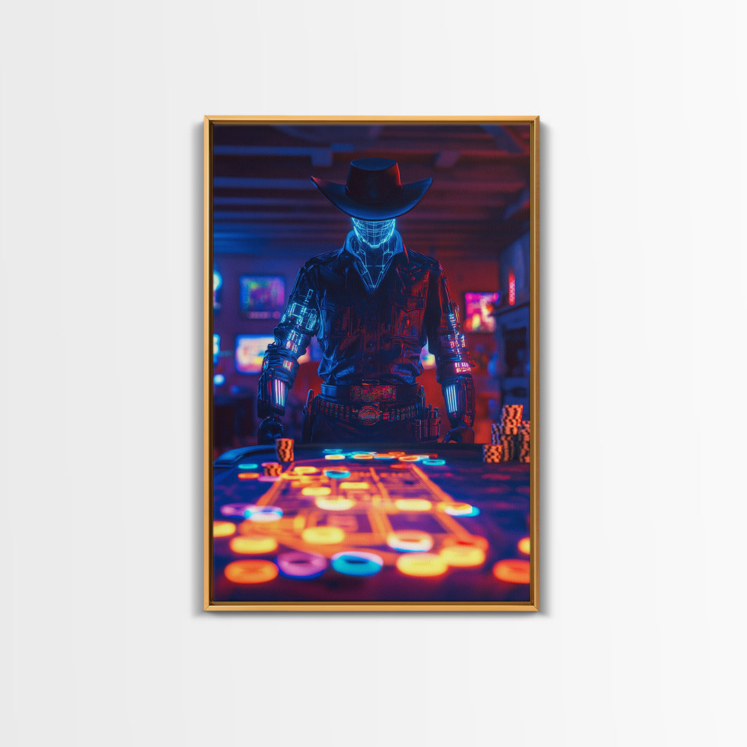 Glowing Robot Cowboy At Neon Poker Table Wall Art, Futuristic Casino Canvas Print, Gaming Room Man Cave Decor Gift For Him