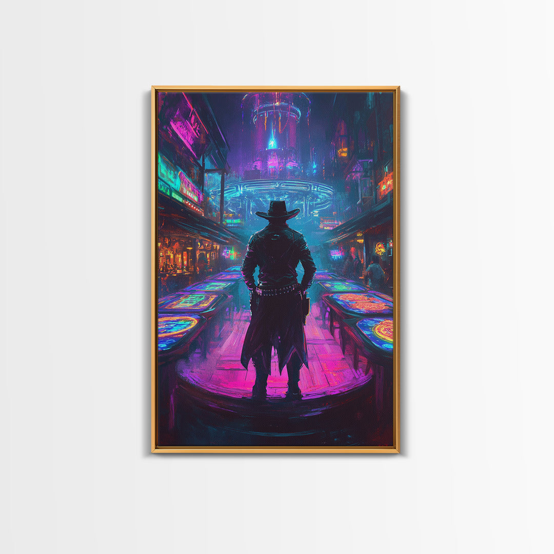 Cyber Cowboy In Neon Futuristic City Wall Art, Dystopian Western Street Canvas Print, Sci Fi Gaming Room Decor Gift For Him