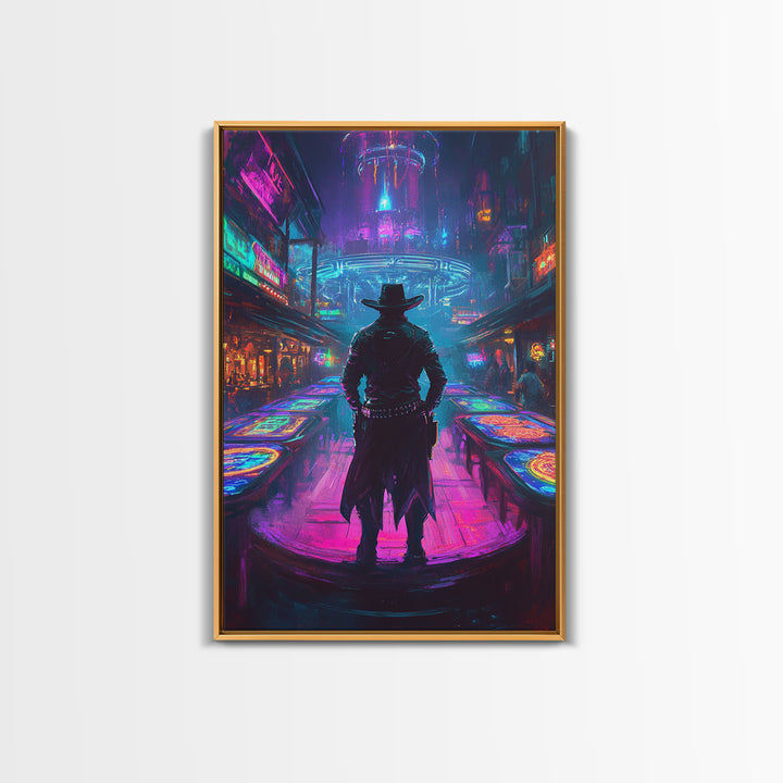 Cyber Cowboy In Neon Futuristic City Wall Art, Dystopian Western Street Canvas Print, Sci Fi Gaming Room Decor Gift For Him