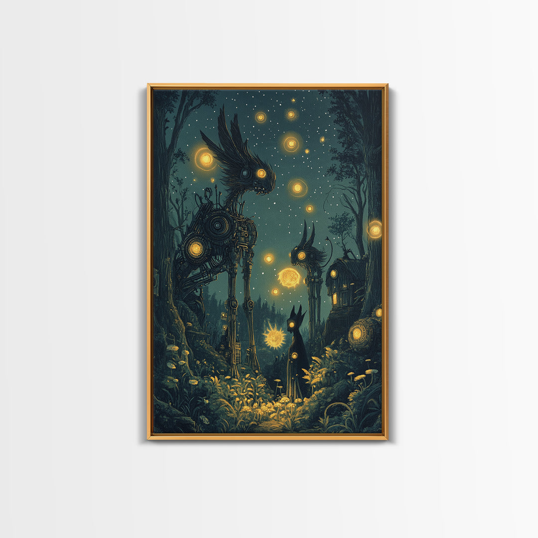 Glowing Mechanical Forest Creatures Wall Art, Dark Fantasy Art, Whimsical Animal Art, Celestial Decor, Unique Home Decor