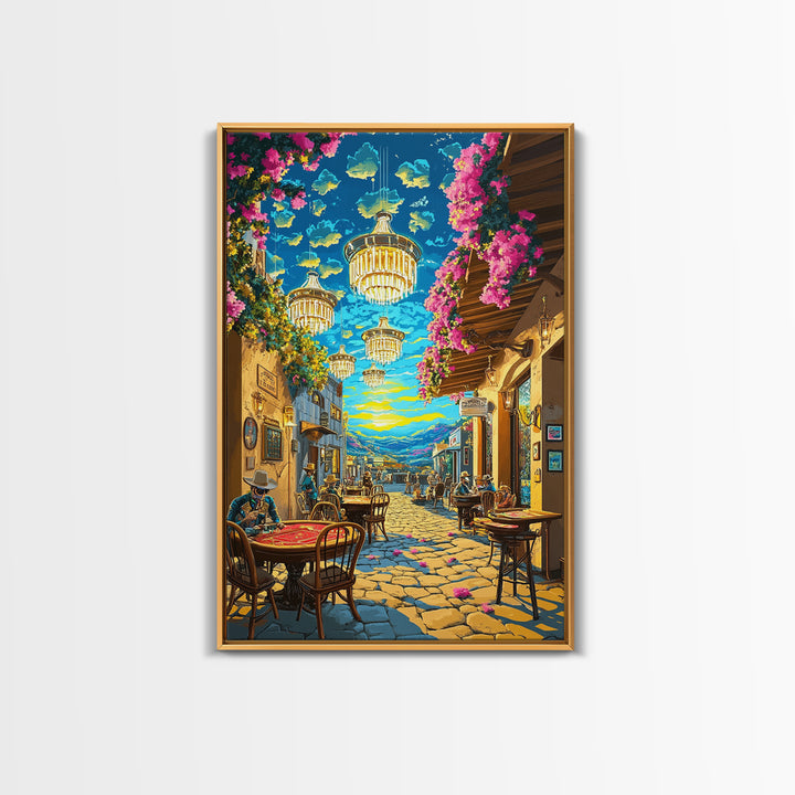 Chandelier Lit Mediterranean Cafe Wall Art, Colorful Travel Poster, Coastal Decor, Dining Room Print, Framed Canvas Print