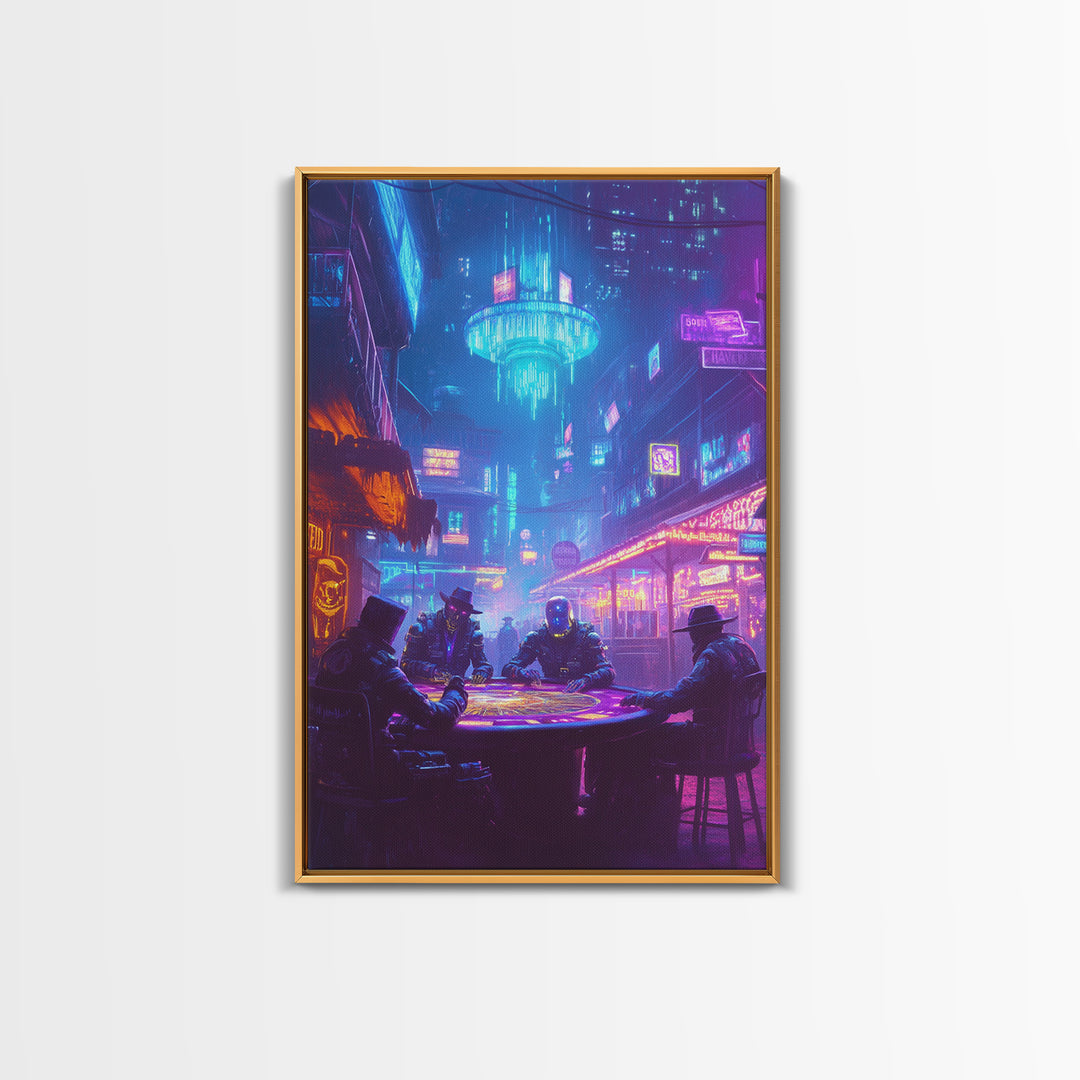 Cyberpunk Poker Table Under Neon Wall Art, Futuristic City Decor, Sci Fi Poster, Gaming Room Art, Man Cave Decor, Large Canvas Print