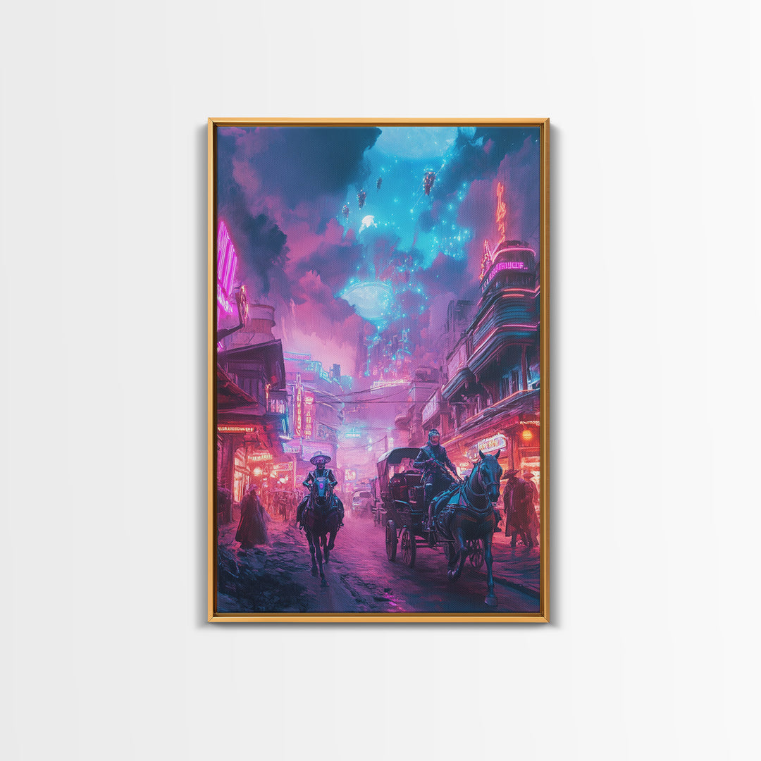 Neon Cyberpunk Horseback City Under Cosmic Sky Wall Art, Futuristic Sci Fi Poster, Gaming Room Decor, Vaporwave Home Decor