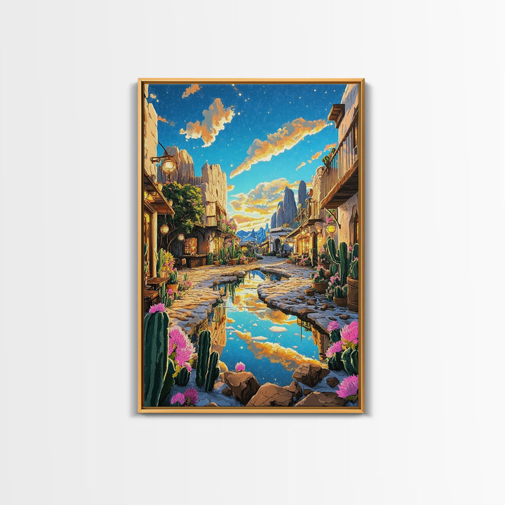 Sunlit Desert Village Street With Cactus And Mountains Canvas Print, Southwestern Wall Art, Boho Home Decor, Travel Poster