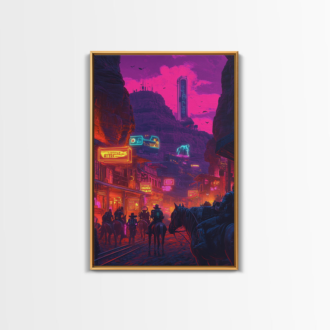 Neon Western Canyon Town With Cowboys Framed Canvas Print, Cyberpunk Wall Art, Futuristic Decor, Gaming Room Poster, Sci Fi Home Decor