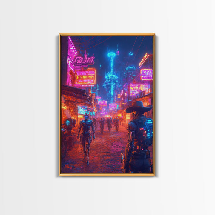 Neon Cyberpunk Cowboy And Robot City Canvas Print, Futuristic Wall Art, Sci Fi Poster, Gaming Room Decor, Vaporwave Gift