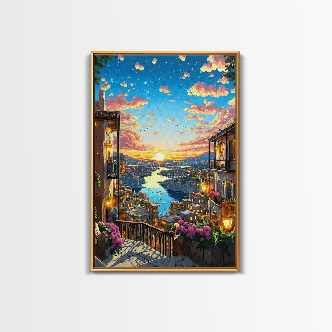 Romantic Sunset River City Balcony With Flowers Wall Art, Mediterranean Travel Poster, Coastal Home Decor, Colorful Art Print