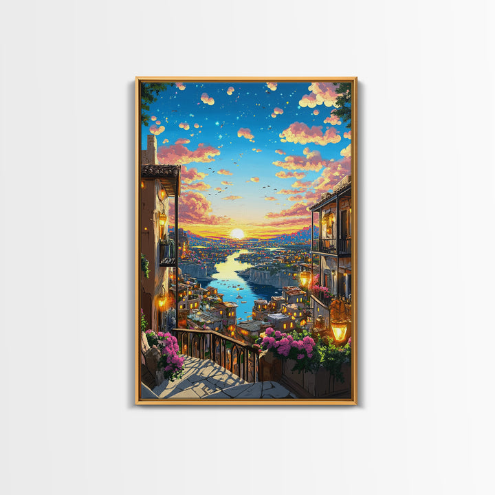 Romantic Sunset River City Balcony With Flowers Wall Art, Mediterranean Travel Poster, Coastal Home Decor, Colorful Art Print