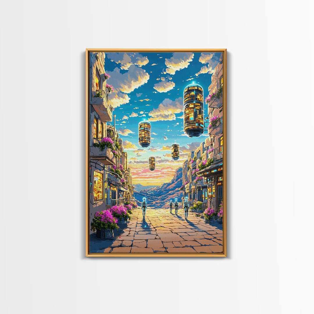 Floating Futuristic City Street With Sky Pods Canvas Print, Sci Fi Wall Art, Cyberpunk Decor, Modern Travel Poster Gift For Him