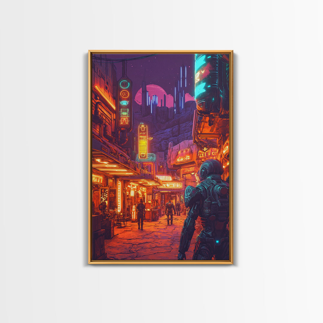 Neon Spaceport Street With Astronaut And Moon Wall Art, Cyberpunk Sci Fi Poster, Gaming Room Decor, Futuristic Canvas Art