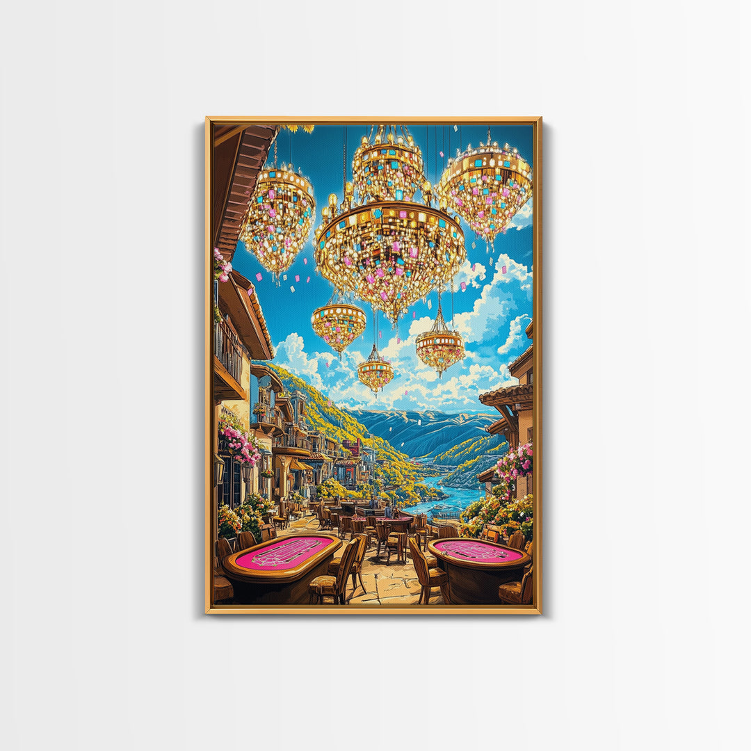 Jeweled Chandeliers Over Alpine Village Canvas Print, Whimsical Mountain Wall Art, Maximalist Luxury Home Decor, Statement Artwork