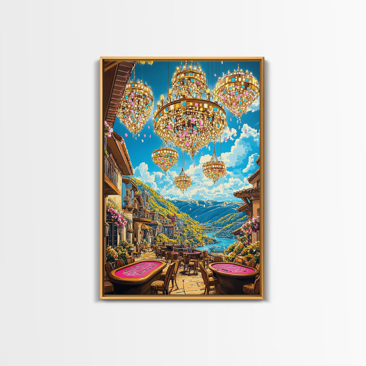 Jeweled Chandeliers Over Alpine Village Canvas Print, Whimsical Mountain Wall Art, Maximalist Luxury Home Decor, Statement Artwork