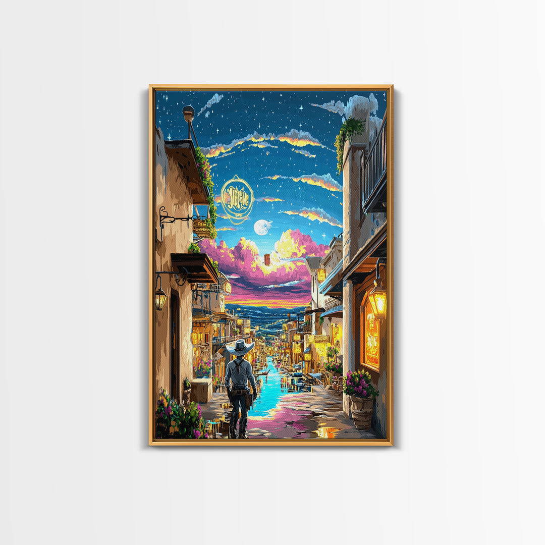 Moonlit Cowboy Canal Street Canvas Print, Western Wall Art, Neon Cityscape, Whimsical Travel Poster, Gift For Him, Living Room Decor