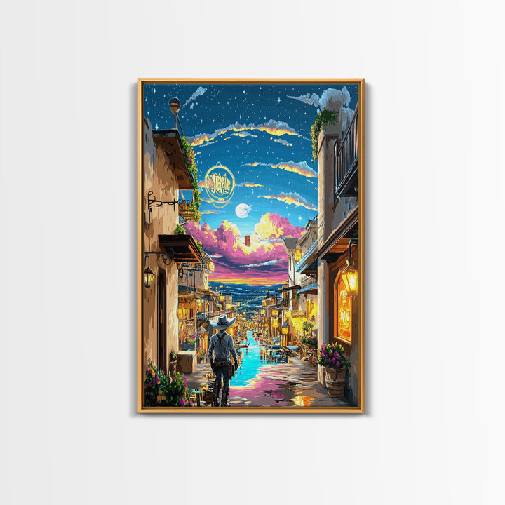 Moonlit Cowboy Canal Street Canvas Print, Western Wall Art, Neon Cityscape, Whimsical Travel Poster, Gift For Him, Living Room Decor