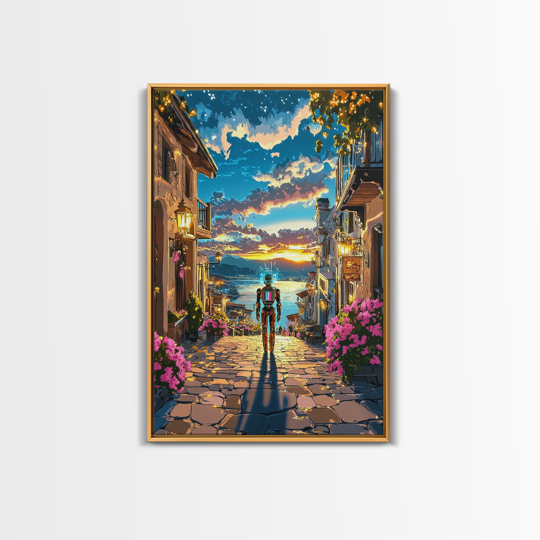 Astronaut In Sunset Coastal Village Framed Canvas Print, Sci Fi Wall Art, Futuristic Seascape, Gaming Room Decor, Unique Gift