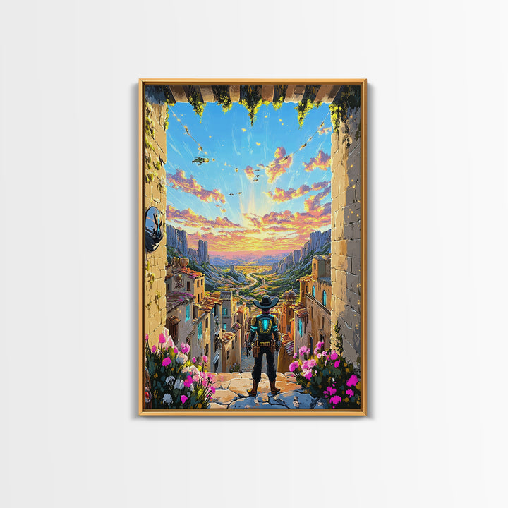 Robot Cowboy Canyon Gateway Canvas Print, Western Sci Fi Wall Art, Desert Landscape, Futuristic Home Office Decor, Gift For Him