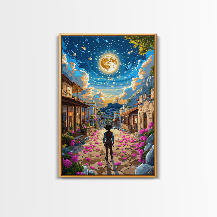 Golden Full Moon Village Path Canvas Print, Celestial Wall Art, Mediterranean Night Sky, Whimsical Bedroom Decor, Moon Art Print