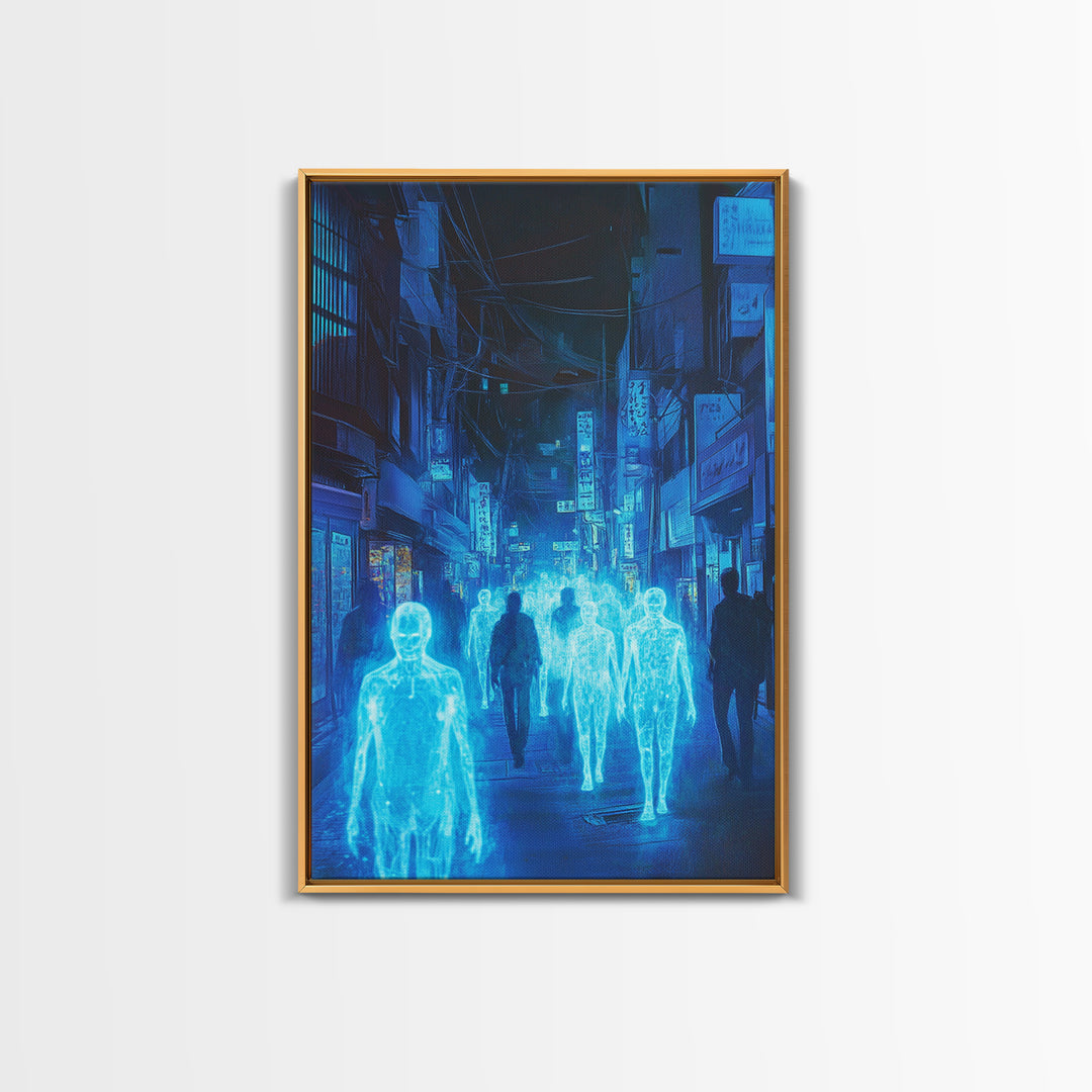 Blue Hologram Figures In Cyberpunk Alley Framed Canvas Print, Neon Wall Art, Sci Fi Cityscape, Gaming Room Decor, Futuristic Decor