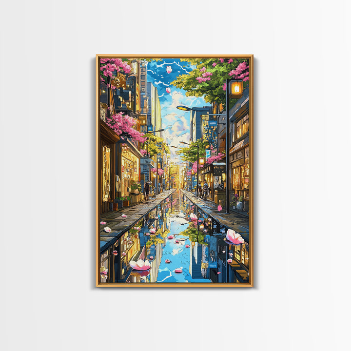 Cherry Blossom Rainy Tokyo Street Canvas Print, Japanese Wall Art, Urban Cityscape, Spring Gallery Wall Decor, Living Room Decor