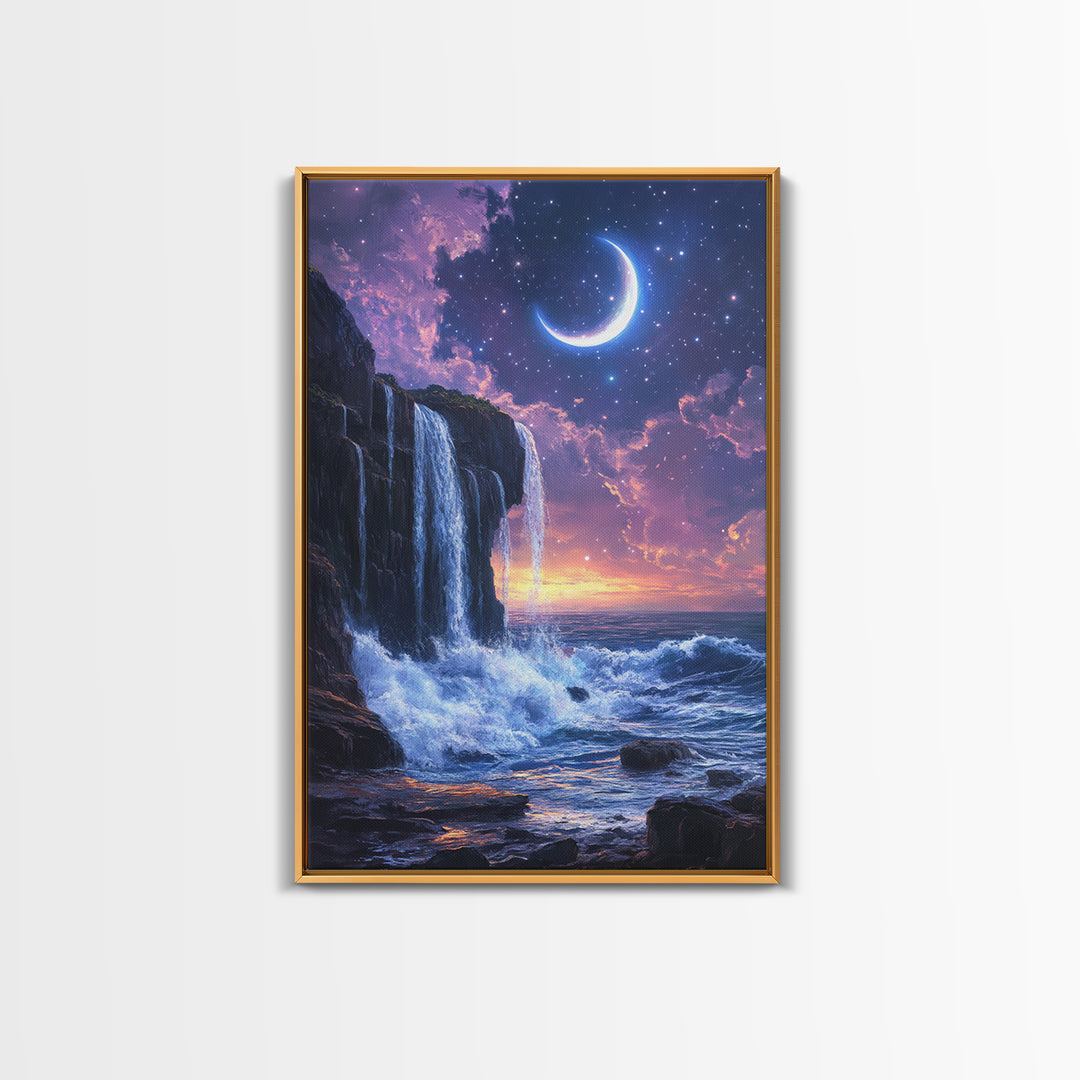 Crescent Moon Waterfall Ocean Canvas Print, Celestial Wall Art, Fantasy Seascape, Coastal Bedroom Decor, Starry Night Sky, Gift For Her