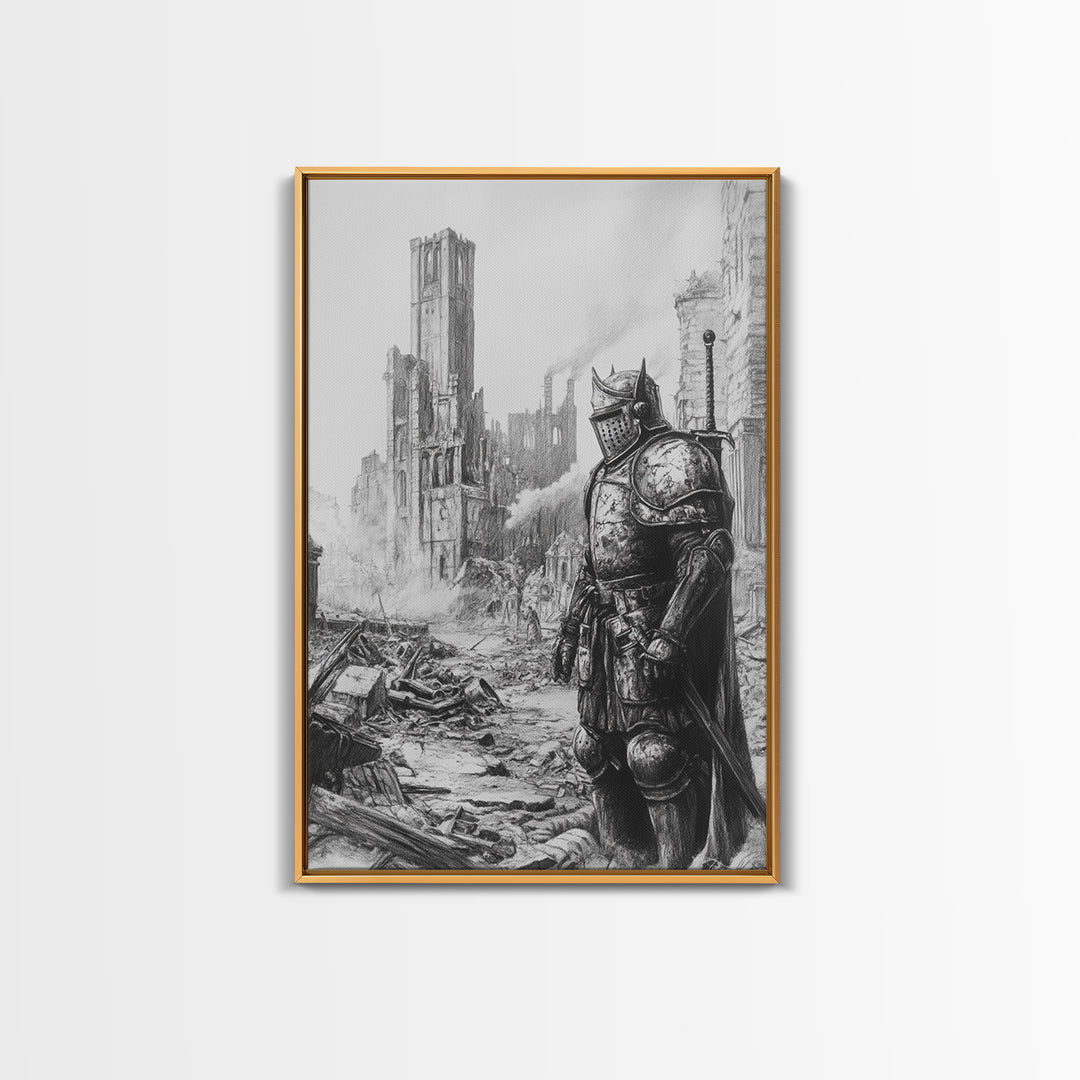 Black And White Armored Knight In Ruined Gothic City Wall Art, Dark Fantasy Medieval Warrior Print For Office Decor