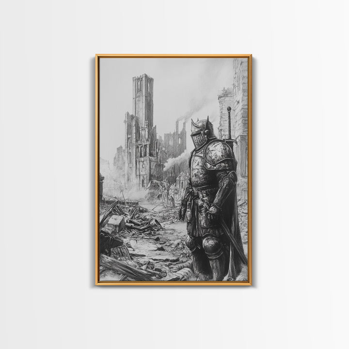 Black And White Armored Knight In Ruined Gothic City Wall Art, Dark Fantasy Medieval Warrior Print For Office Decor