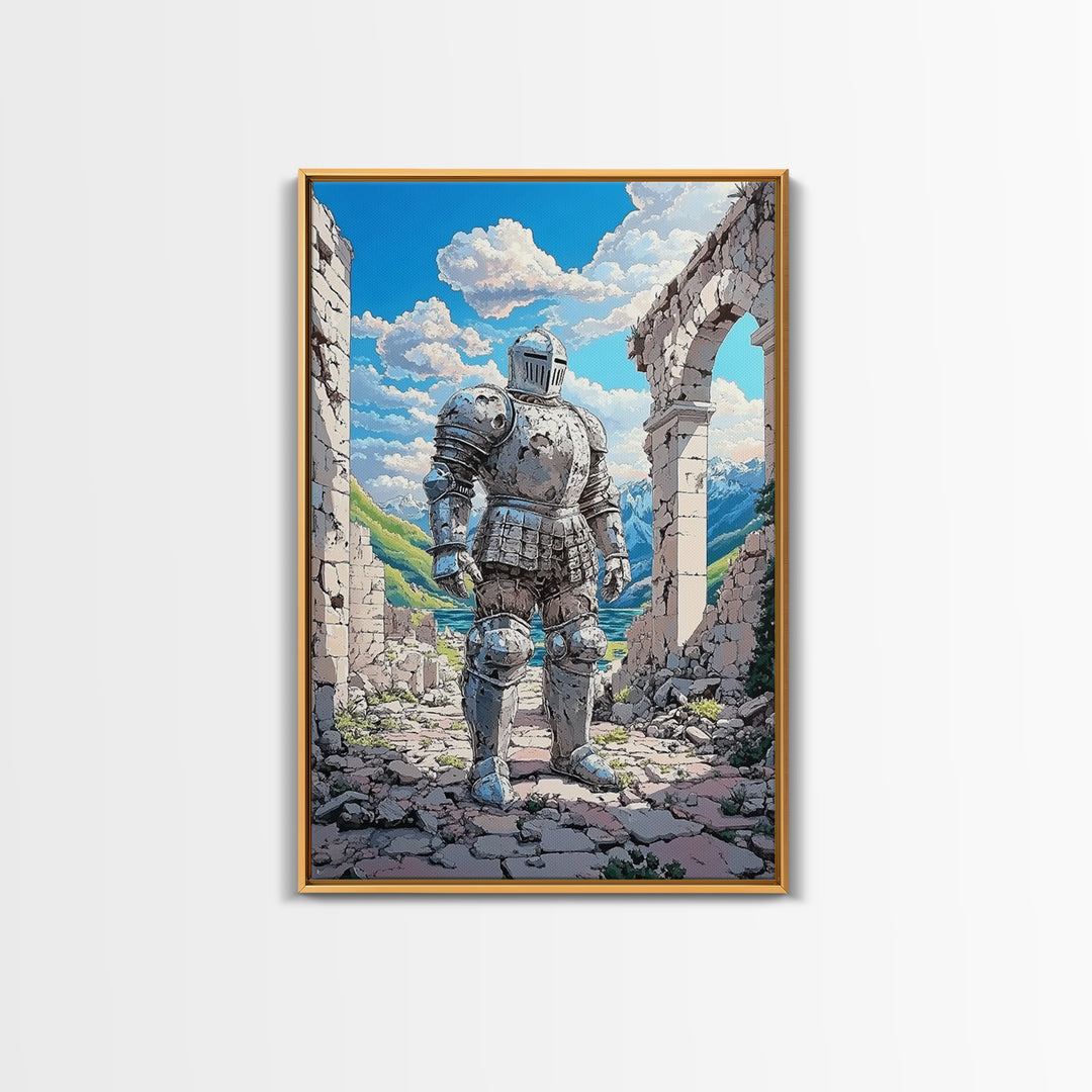 Polished Silver Knight In Alpine Ruins Canvas Print, Fantasy Warrior Mountain Landscape Art For Game Room Decor Gift For Him