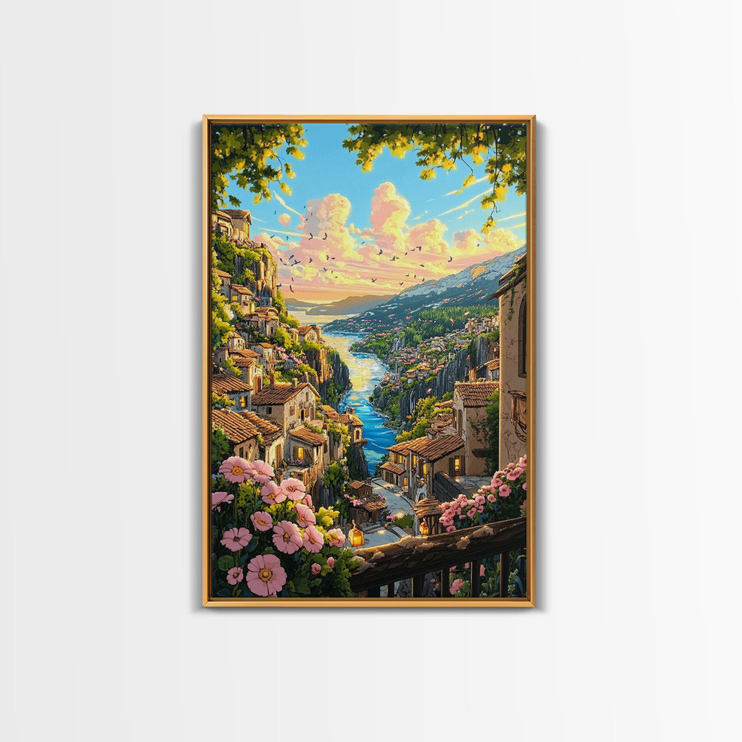 Sunlit Italian Cliff Village With River And Flowers Framed Canvas Print, Mediterranean Landscape Wall Decor Gift For Her
