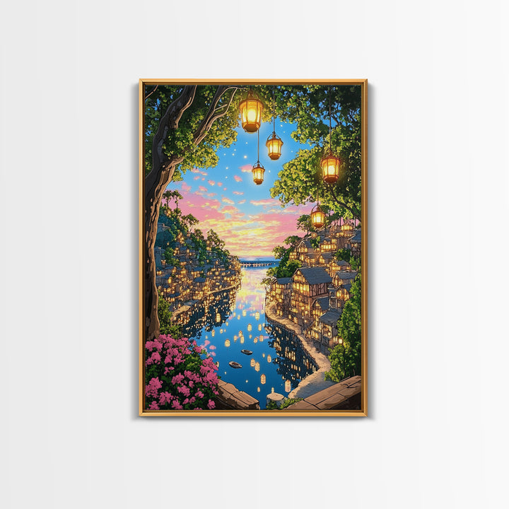 Lantern Lit Sunset Harbor Village Wall Art, Romantic Coastal Landscape Canvas Print For Living Room Decor And Housewarming Gift
