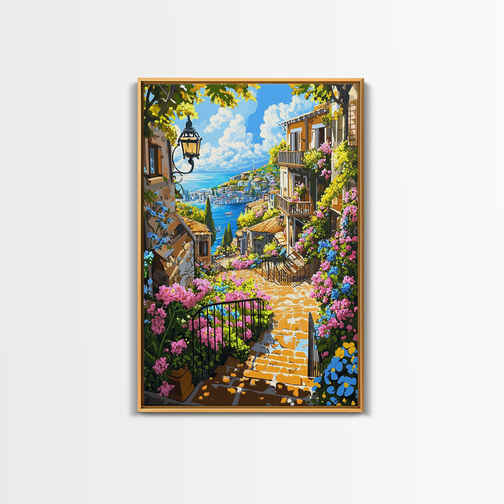 Mediterranean Coastal Stairway With Bougainvillea Canvas Print, Travel Poster Wall Art, Colorful Living Room Decor Housewarming Gift