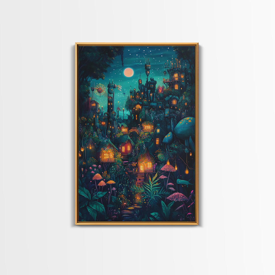 Moonlit Steampunk Mushroom City With Glowing Lanterns Canvas Print, Dark Fantasy Wall Art, Maximalist Decor Gift For Him